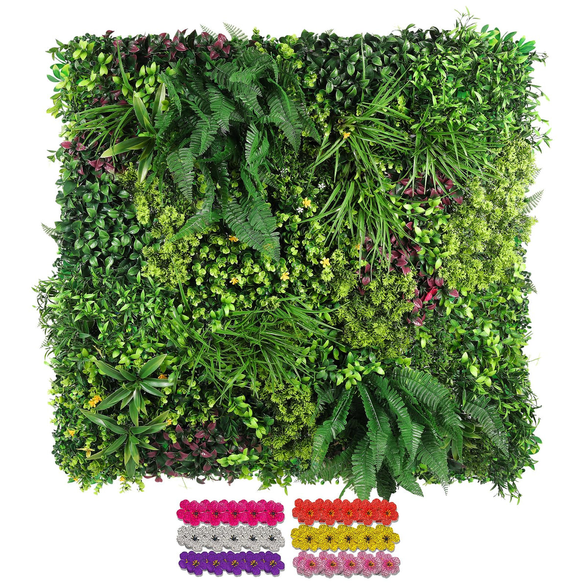 STURDON Artificial Grass Wall Panels for Indoor Outdoor, 40"x40" (11.09 Sq.Ft), 3D Boxwood Panels, Greenery Wall Backdrop for Home Living & Wedding Event Decor with DIY 60 PCS Flower,100 PCS Zip Ties