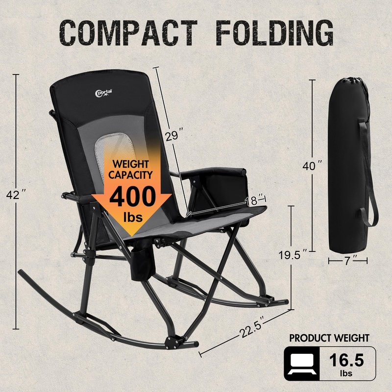 Portal Oversized Folding Rocking Camping Chair Portable Outdoor Rocker with High Back Hard Armrests Carry Bag, Supports 400 lbs, Mesh Back, Black & Grey