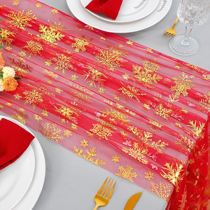 Snowkingdom Red Gold Snowflake Christmas Table Runner 120 Inches Long 10FT Sheer Tulle, Golden Snowflakes Xmas Seasonal Winter Kitchen Dining Holiday Wedding Table Decor for Home Party