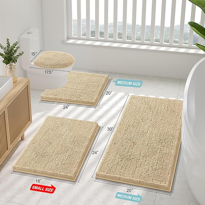 Smiry Luxury Chenille Bathroom Rugs 59x24, Extra Soft and Absorbent Shaggy Bath Mat, Machine Washable, Non-Slip Plush Carpet Runner for Tub, Shower, and Floor, Home Decor Accessories, Beige