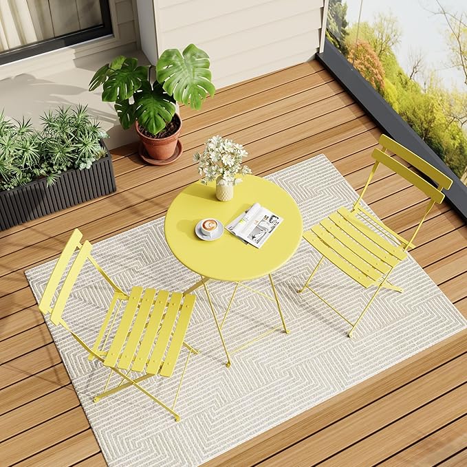 Patio Bistro Set, 3-Piece Outdoor Folding Table and Chairs, Premium Steel Frame Weather Resistant Conversation Sets of 2, Space Saving Patio Furniture for Backyard Balcony Porch Garden