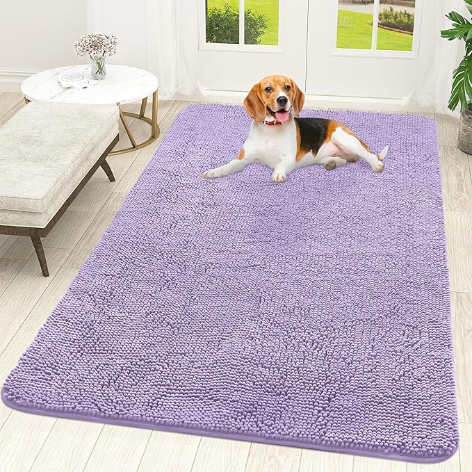 OLANLY Dog Door Mat for Muddy Paws 59x35, Absorbs Moisture and Dirt, Absorbent Non-Slip Washable Doormat, Quick Dry Chenille Mud Mat for Dogs, Entry Indoor Entryway Carpet for Inside Floor, Lavender