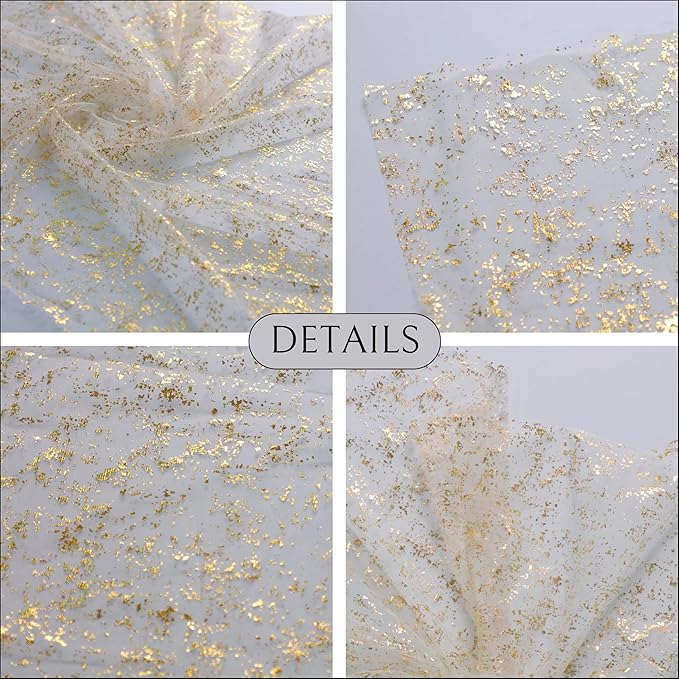 Snowkingdom 6Pcs 10 Ft Gold Table Runners, Sheer Chiffon Tulle Cheesecloth Golden Sequin Glitter Metallic Foil, Gold Party Table Decoration Centerpiece for Wedding Birthday Anniversary Christmas