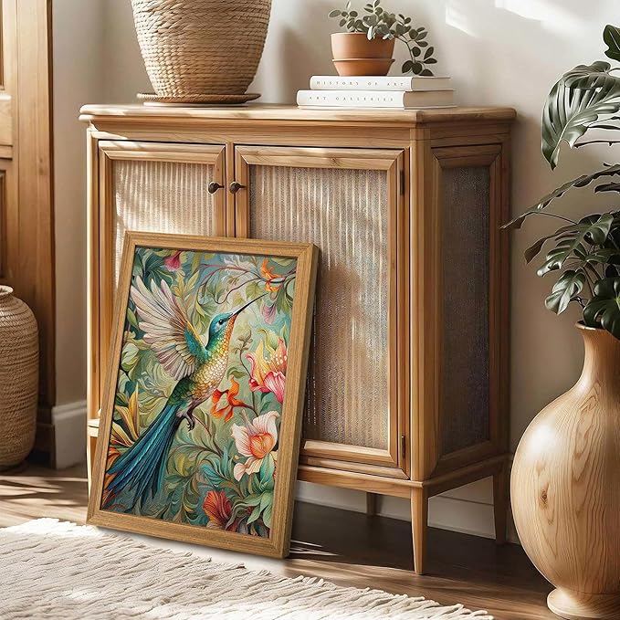 Framed Vintage 3D Textured Wall Art - Colorful Hummingbird Floral Wall Decor - Hand Painted Sandstone Nature Botanical Picture for Living Room Bedroom Home Decor 12x16 inch