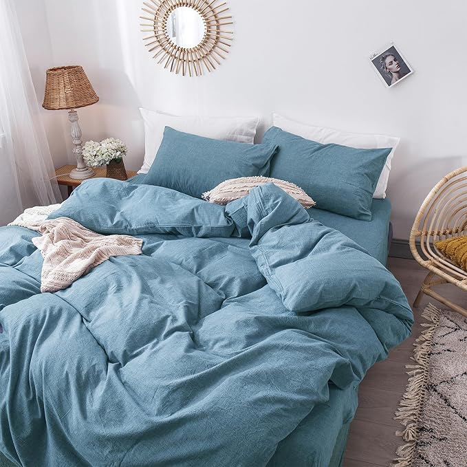 MooMee Bedding Duvet Cover Set 100% Washed Cotton Linen Like Textured Breathable Durable Soft Comfy (Heathered Peacock Blue, Queen 90"x90")