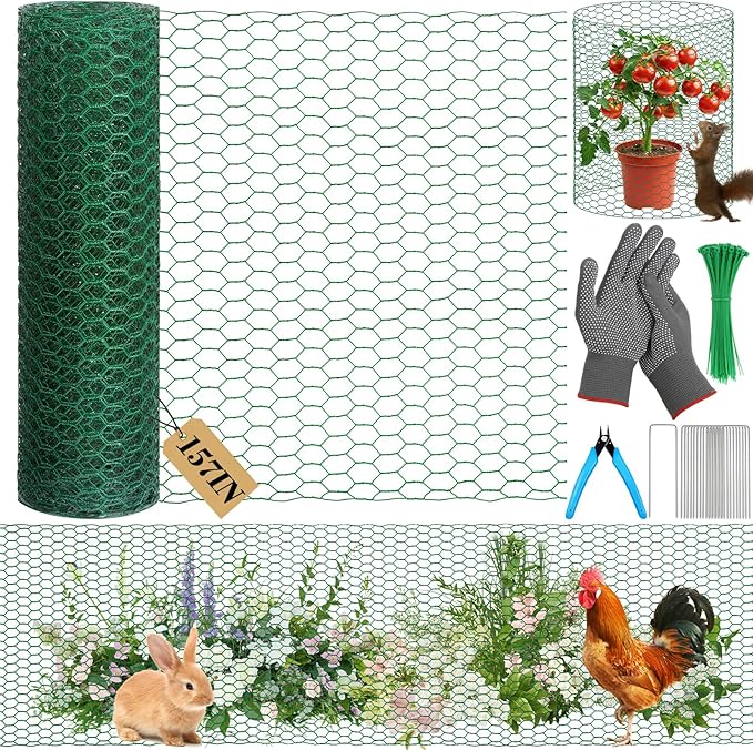 Lucomb Plant Protectors from Animals 15.7 x 157 in Green Chicken Wire Plant Cages for Outdoor Plants, Hexagonal Wire Plant Protector with Ground Stakes, Pliers, Garden Protection from Animals