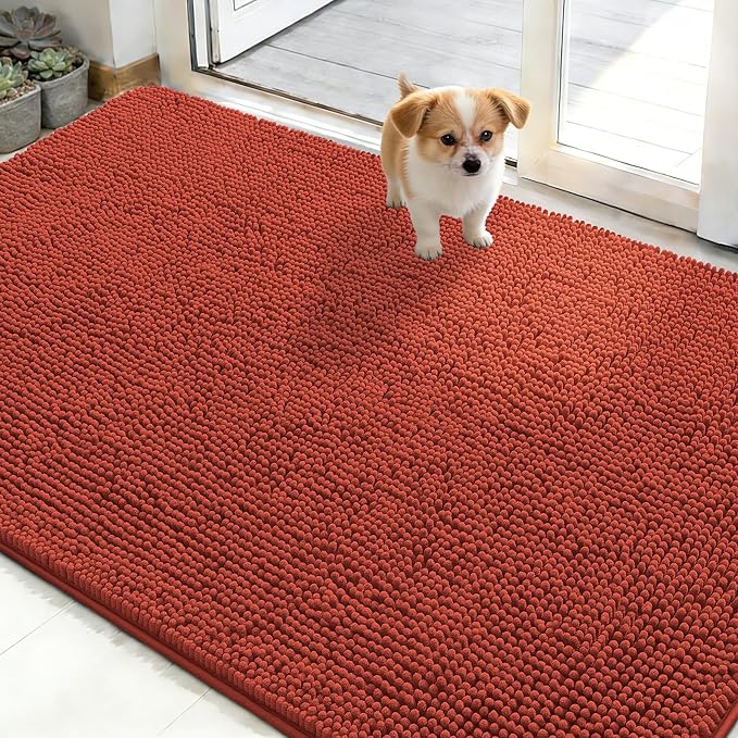 OLANLY Dog Door Mat for Muddy Paws 50x30, Absorbs Moisture and Dirt, Absorbent Non-Slip Washable Doormat, Quick Dry Chenille Mud Mat for Dogs, Entry Indoor Entryway Carpet for Inside Floor, Maple Red