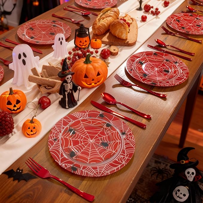 WELLIFE 20PCS Spider Web Party Plates – Red Plastic Dinner & Dessert Plates (10×9.2" + 10×6.3") for Kids Birthday, Spider Theme Parties & Superhero Party Supplies