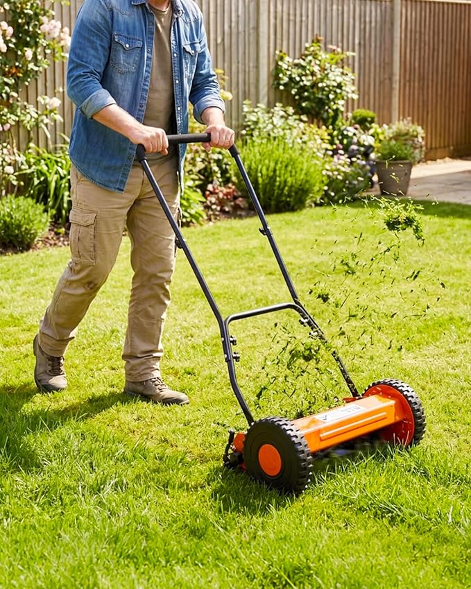 Garvee 16" Push Reel Lawn Mower, 5-Blade Manual Walk-Behind Lawn Mower with Adjustable Cutting Height, Compact Push Mower for Small Yards, Orange