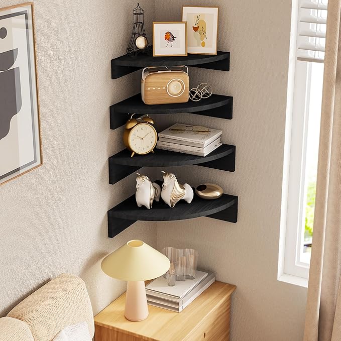 Alsonerbay Black Corner Wall Shelf, Floating Shelves Wall Mount Set of 4