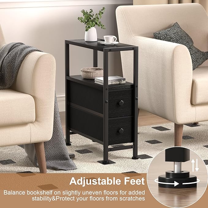 Small Narrow Side Table with Drawers, Skinny End Table for Small Spaces, Slim Nightstand with Storage, Sofa Bedside Table in Living Room, Bedroom, Study, Kitchen and Balcony (Black)