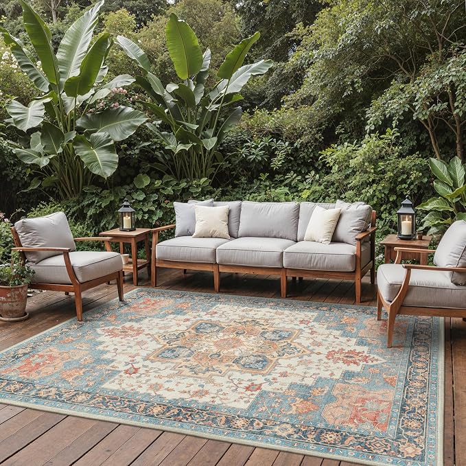 GENIMO Outdoor & Indoor Area Rug 9'x12', Waterproof, Non-Shedding, Easy Cleaning, Boho Mat for Patio, Living Room, Balcony, Dining Room, RV, Deck, Bedroom, Camping, Outside Carpet,Blue Salmon