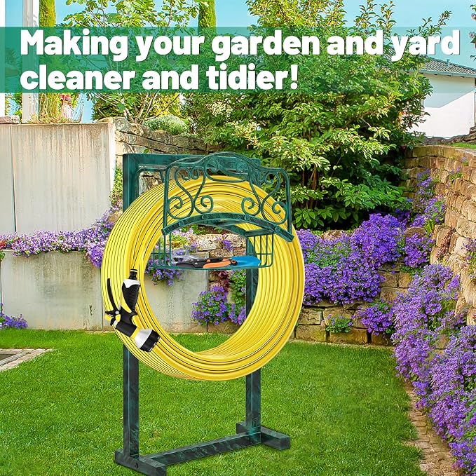 Garden Hose Holder for Outside - Upgraded Water Hose Holder Holds with Storage Basket, Heavy Duty Metal Freestanding Garden Hose Storage Reel Rack for Outdoor Yard Lawn (Green)