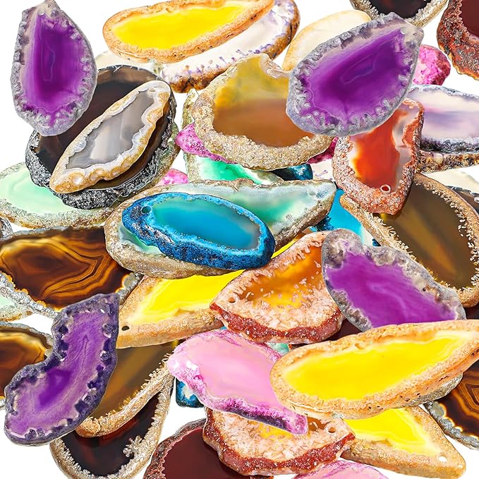 Hicarer 32 Pieces Polished Agate Slices, Drilled Agate Geode Pendants in Various Sizes and Colors Irregular Ornament Geode Stones Rock for Home Room DIY Jewelry Table Decorations