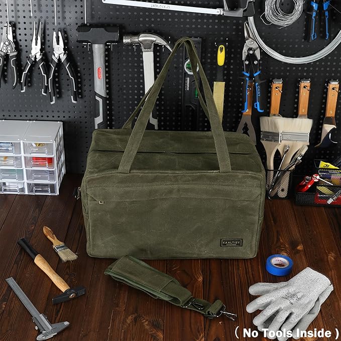 Tool Tote Bag, 16OZ Waxed Canvas Tool Bag with 7-Pocket & Shoulder Strap - for Electrician Contractor Repairman, Multi-Purpose Garden Tools Carrier with Portable Handle, Army Green