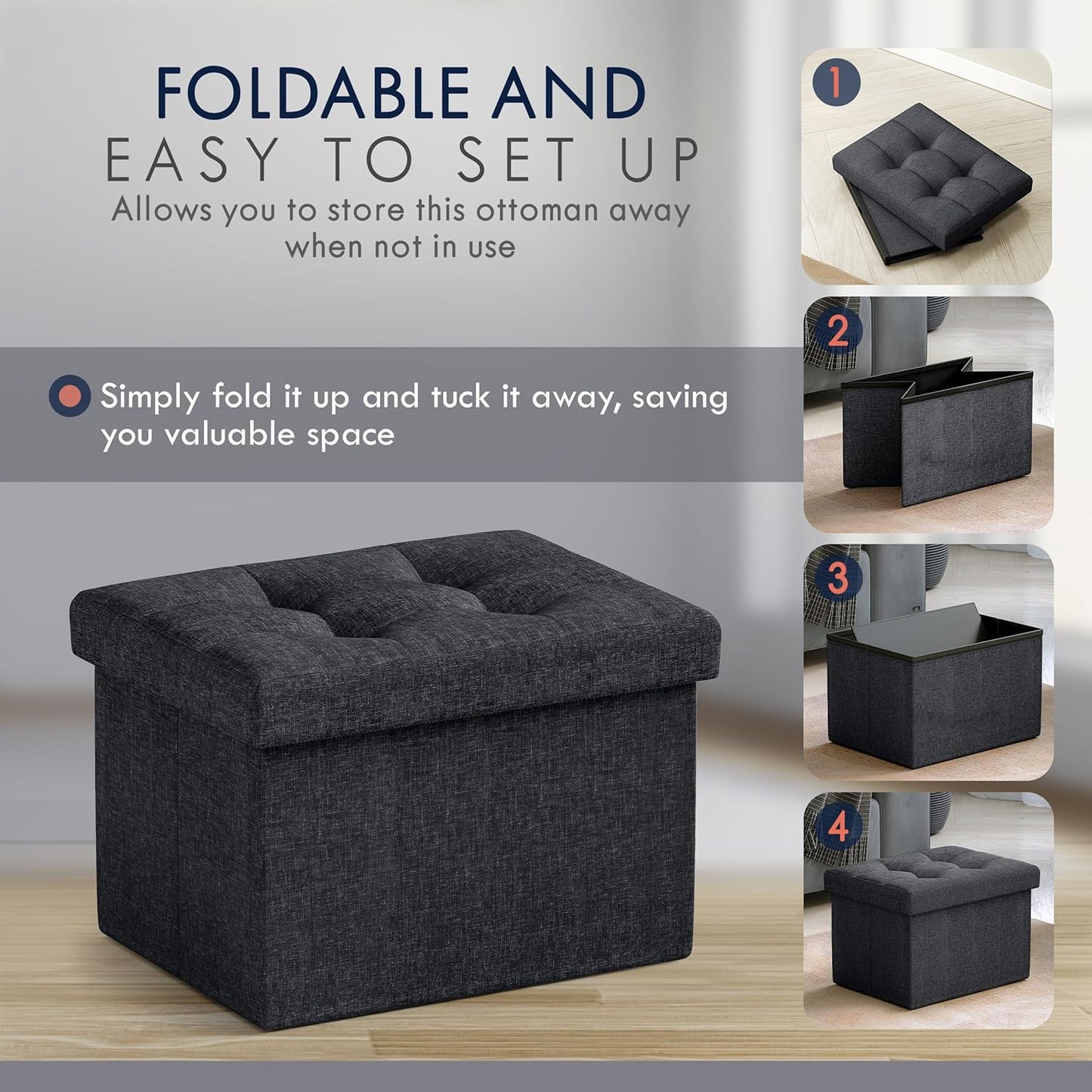 Ornavo Home Small Storage Ottoman Foldable Collapsible Rectangle Linen Ottoman Foot Rest Stool Seat, for Living Room, Bedroom, Home Office, Dorm - 12 x 16 x 12, Black