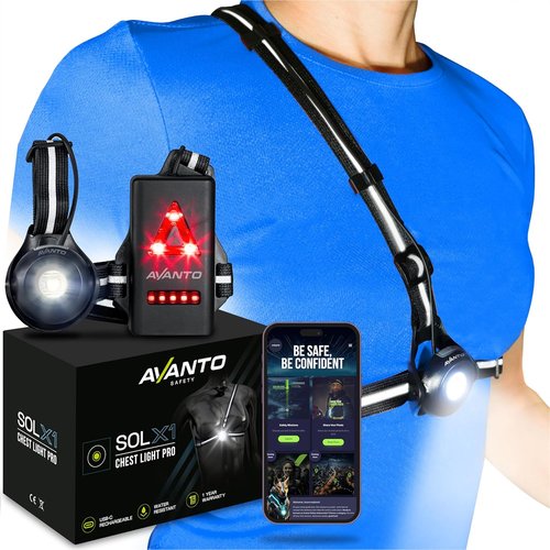 AVANTO SOLX1 Pro Running Headlamp - USB-C Rechargeable Chest Light with Adjustable Beam & Reflective Safety Harness in Black
