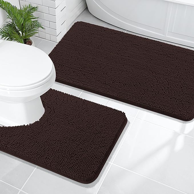 OLANLY Bathroom Rugs Sets 2 Piece, Soft Absorbent Chenille Bath Mats and U-Shaped Contour Toilet Mat Area Rug Set, Machine Washable Bath Carpet, Home Decor Accessories(47"x20"+24"x20", Brown)