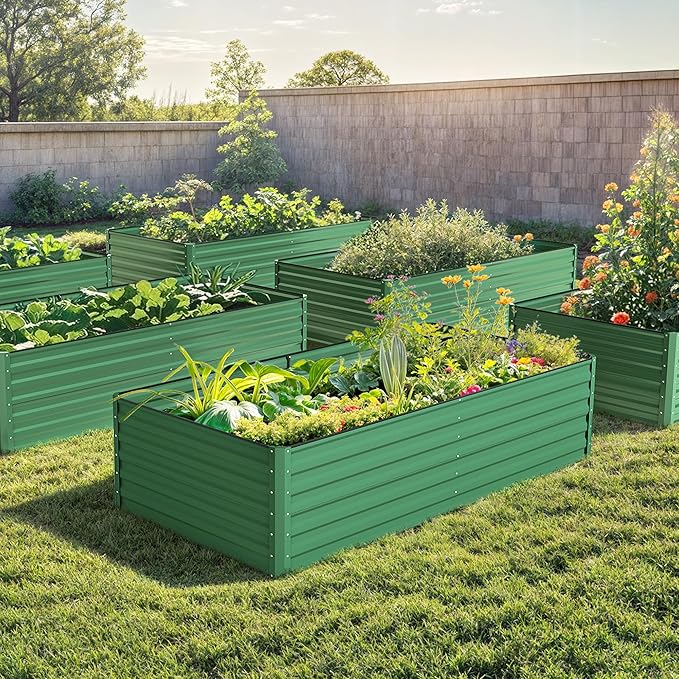DWVO 2pcs 8 x 4 x 2 FT Raised Garden Bed Kit, Outdoor Galvanized Flower Bed with Safety Rubber and Gloves, Large Metal Planter Box for Vegetables, Flowers, Herbs, Fruits, Green