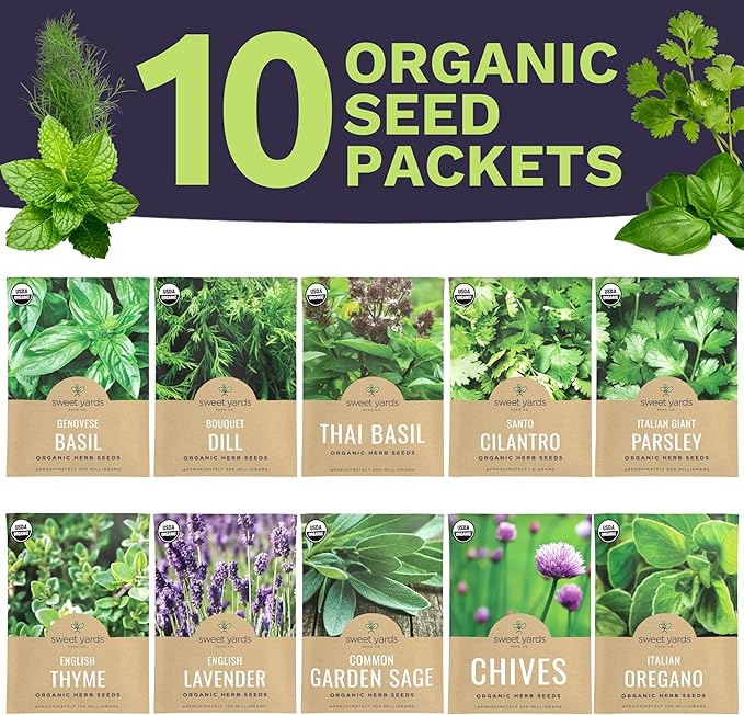 Organic Herb Seeds Variety Pack - 10 Individual Packs - 2026 Season - Basil, Cilantro, Dill, Thyme, Parsley and More! for Indoor & Outdoor Planting (Non-GMO, Certified Organic)