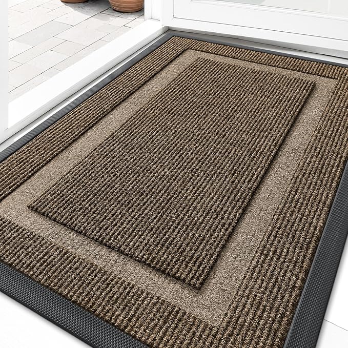 OLANLY Front Door Mat Indoor Outdoor Entrance, Waterproof All-Season, All-Weather Doormat, Sturdy Natural Rubber, Fade Resistant, Low Profile, Easy Clean Patio Porch Entryway Mat, 29.5x17, Brown