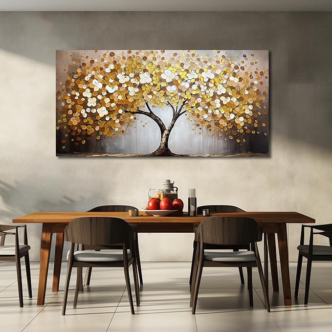 WDHCG Gold and White Tree Painting Wall Art For Living Room - Tree Of Life Wall Decor For Office - Extra Large Wall Art For bedroom Size 36 x 72 Inch