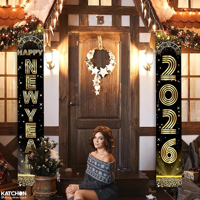 KatchOn, Large Happy New Years Door Banner 2026-72x12 Inch | Black and Gold Hanging Porch Sign | Happy New Year 2026 Banner | New Years Eve Party Supplies for Outdoor, Indoor | Home Wall Decor