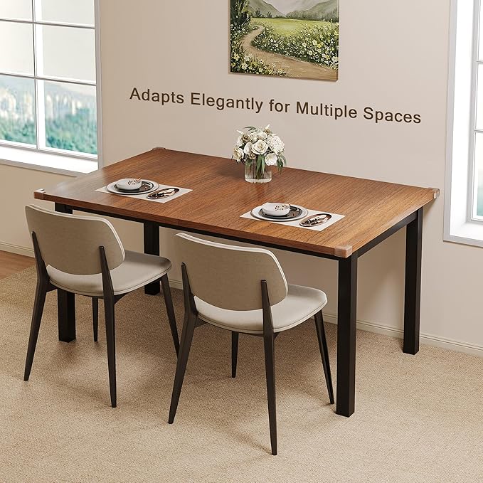 Extendable Dining Table for 4-6, 63" Modern Kitchen Table, Farmhouse Dining Room Tables for Dining, Kitchen, Office, Living Room, Rectangular Wooden Tables, Space Saving (Walnut)
