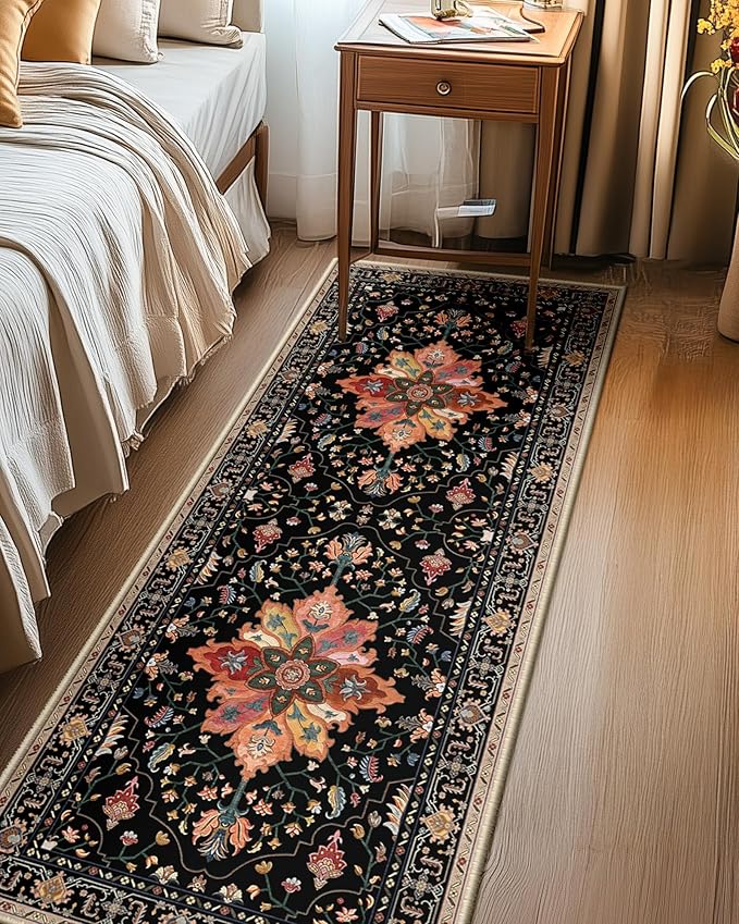 Area Rugs 2'x6' Runner Rug Non Slip Washable for Kitchen Hallway Bedroom Beside Laundry Room Bathroom Rug, Floor Carpet, Black Colorful Floral Dark Tan