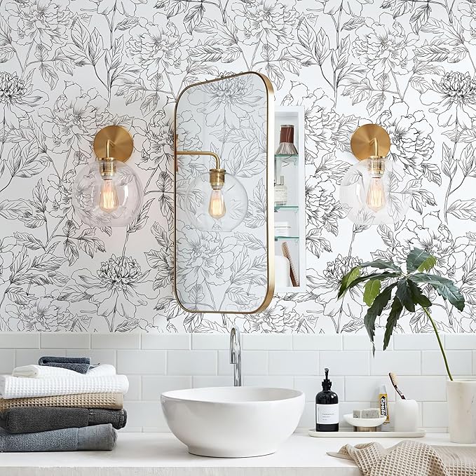 JiffDiff Peel and Stick Wallpaper Black and White Floral Wall Paper 17.3" x