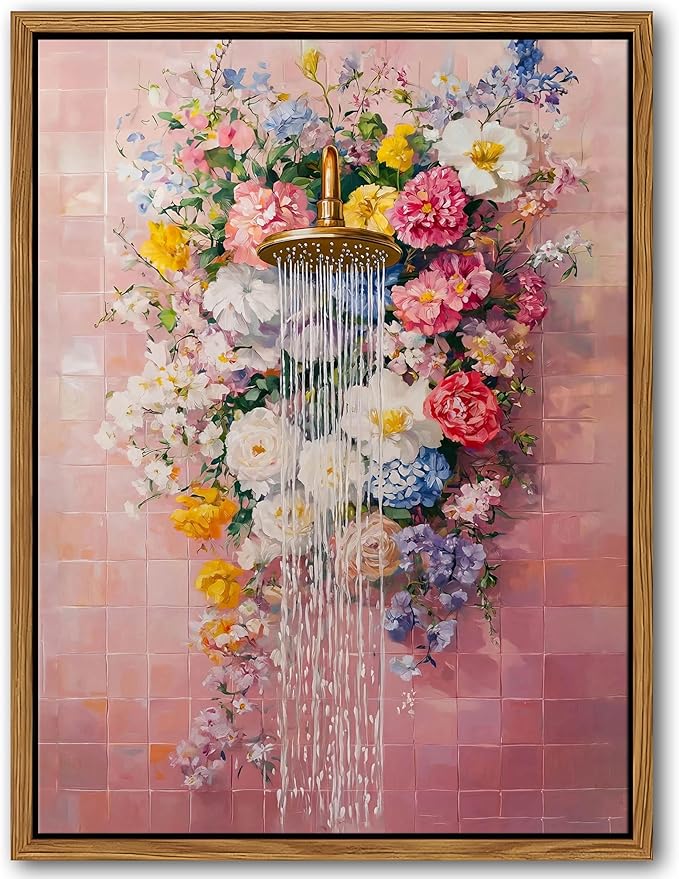 Floating Framed Floral Shower Wall Art, Romantic Blooming Roses Waterfall