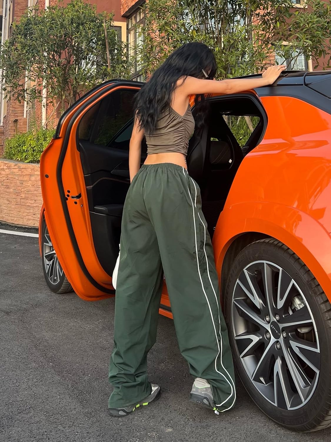 Springrain Women's Wide Leg Track Pants - Slouchy Stripe Detail Jogger Sweatpants with Pockets