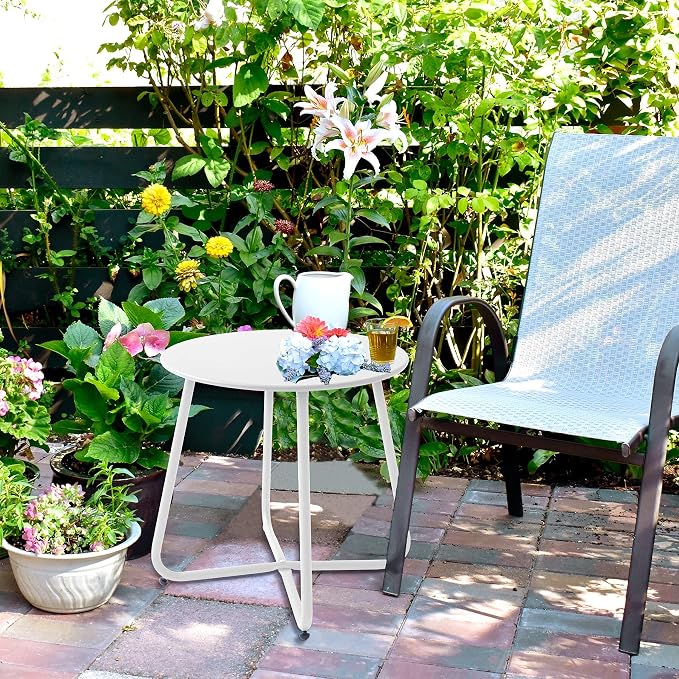 Meluvici Patio Outdoor Side Table Waterproof Round Metal Steel Small Side Table Weather Resistant Portable Outdoor and Indoor End Table for Garden Balcony Yard, White