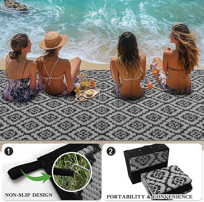 Wallona Outdoor Rugs 5x8 ft Patio Waterproof Clearance Indoor Outdoor Carpet for Patio Plastic Straw Reversible Area Rugs Mat for RV, Camping, Balcony, Beach, Picnic, Porch, Brick Black & Grey