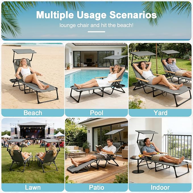 Outdoor Chaise Lounge Chair with 4-Position Adjustable Backrest,Patio Folding Sun Tanning Chair,Pillow & Cup Holder,Portable Recliner Sunbathing Lounger Chairs for Beach Garden (Grey with Shade)