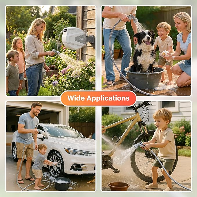 Ayleid Retractable Rubber Hybrid Garden Hose Reel, 1/2"x130ft Wall Mount | Anti-freeze, kink-free premium rubber hybrid hose, 24-month warranty, 9-pattern sprayer, any-length lock, slow auto-return.