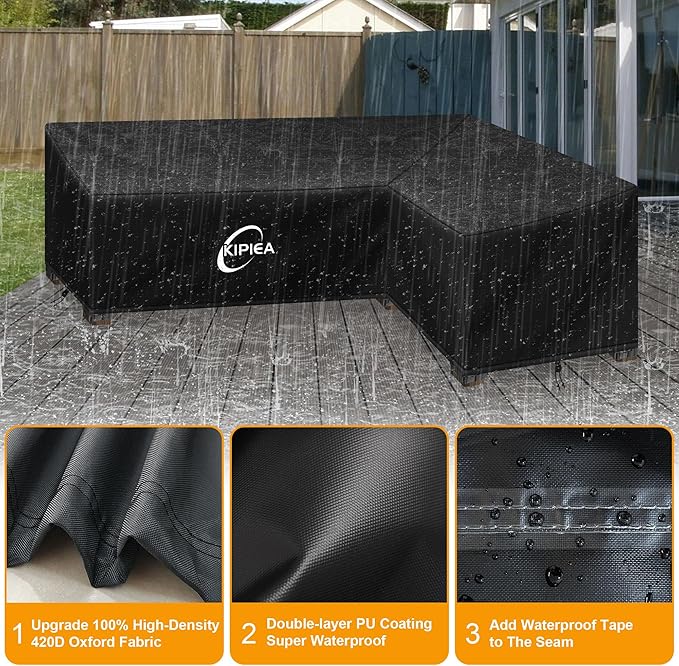 Kipiea L-Shape Patio Furniture Covers Waterproof, 500D Heavy Duty Outdoor Sectional Cover Windproof, Outdoor Couch Cover Anti-UV, No Tears & No Fading (Left Facing, 120" x 90" L x 33.5" D x 31" H)