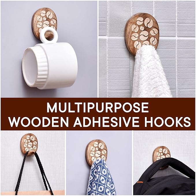 Indian Shelf 6 Lb- 3 Pieces Decorative Wood Adhesive Wall Hooks–Boho Peel and
