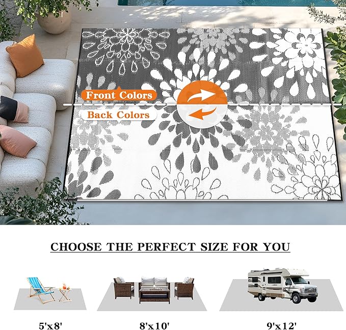 Wallona Outdoor Rugs 5x8 ft Patio Waterproof Clearance Indoor Outdoor Carpet for Patio Plastic Straw Reversible Area Rugs Mat for RV, Camping, Balcony, Beach, Picnic, Porch, Flower Grey & White