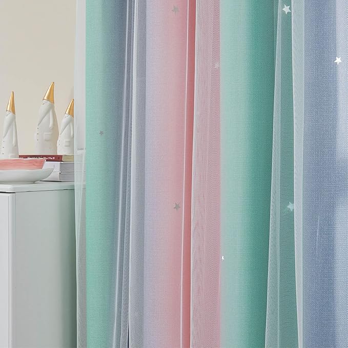 XiDi Curtains for Bedroom Decor, Rainbow Pinkgreen grey34/54