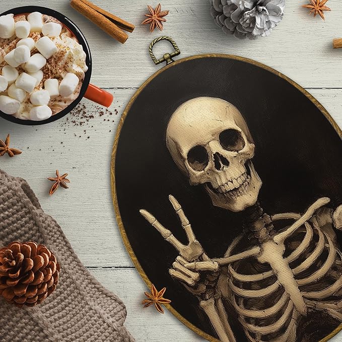CUANFDDSF Funny Gothic Skeleton Oval Wall Art Decor, Gothic Moody Wall Hanging Decor, Spooky Dark Academia Skeleton Framed Canvas Prints for Home Bedroom Living Room, 8.6x11.4 Inch