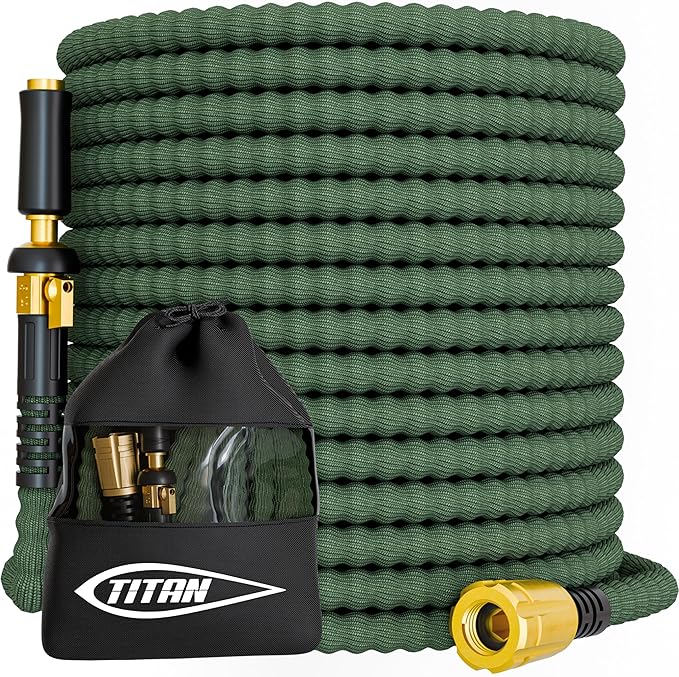 TITAN Flexible Garden Hose 50FT – Ultra Lightweight, Heavy Duty Water Hose with Brass Fittings & Jet Nozzle – Kink-Free, Non-Expanding, Durable Fabric Hose for Yard, Lawn, Car Wash, Outdoor Use