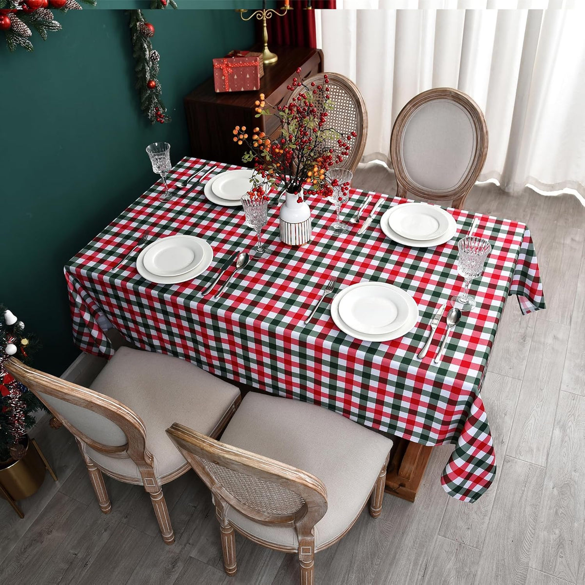 Waterproof Christmas Plaid Tablecloth Fabric - Red Oblong 52x70 Inch Classic Buffalo Tartan Festive Table Cloth for Indoor Use - New Year Tabletop Cover for Dinner, BBQs, and Parties