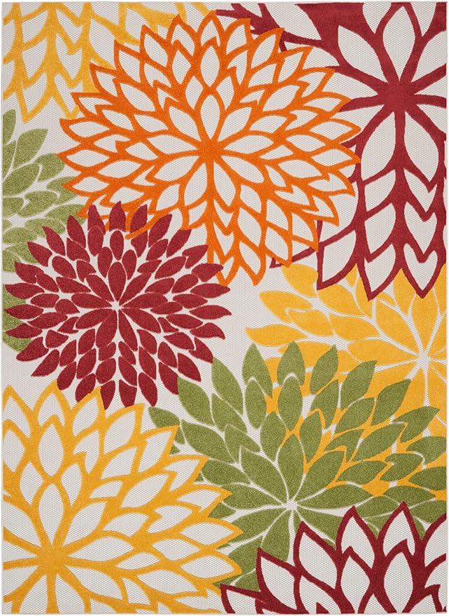 Nourison Aloha Indoor/Outdoor Red Multi Colored 9' x 12' Area Rug, Tropical, Botanical, Easy Cleaning, Non Shedding, Bed Room, Living Room, Dining Room, Deck, Backyard, Patio (9x12)