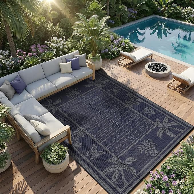 Garvee Outdoor Rug 5x8 Waterproof for Patios, Reversible Plastic Straw Rug, Tropical Leaf Indoor Outdoor Rugs, Large Area Rug for RV, Camping, Deck, Picnic Mat, Outside Carpet, Navy & Grey