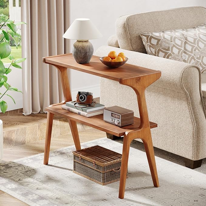 Tribesigns Solid Wood End Table, Modern Side Table for Couch, 2-Tier Narrow Tall End Table, Long Bedside Table for Living Room, Bedroom, Walnut