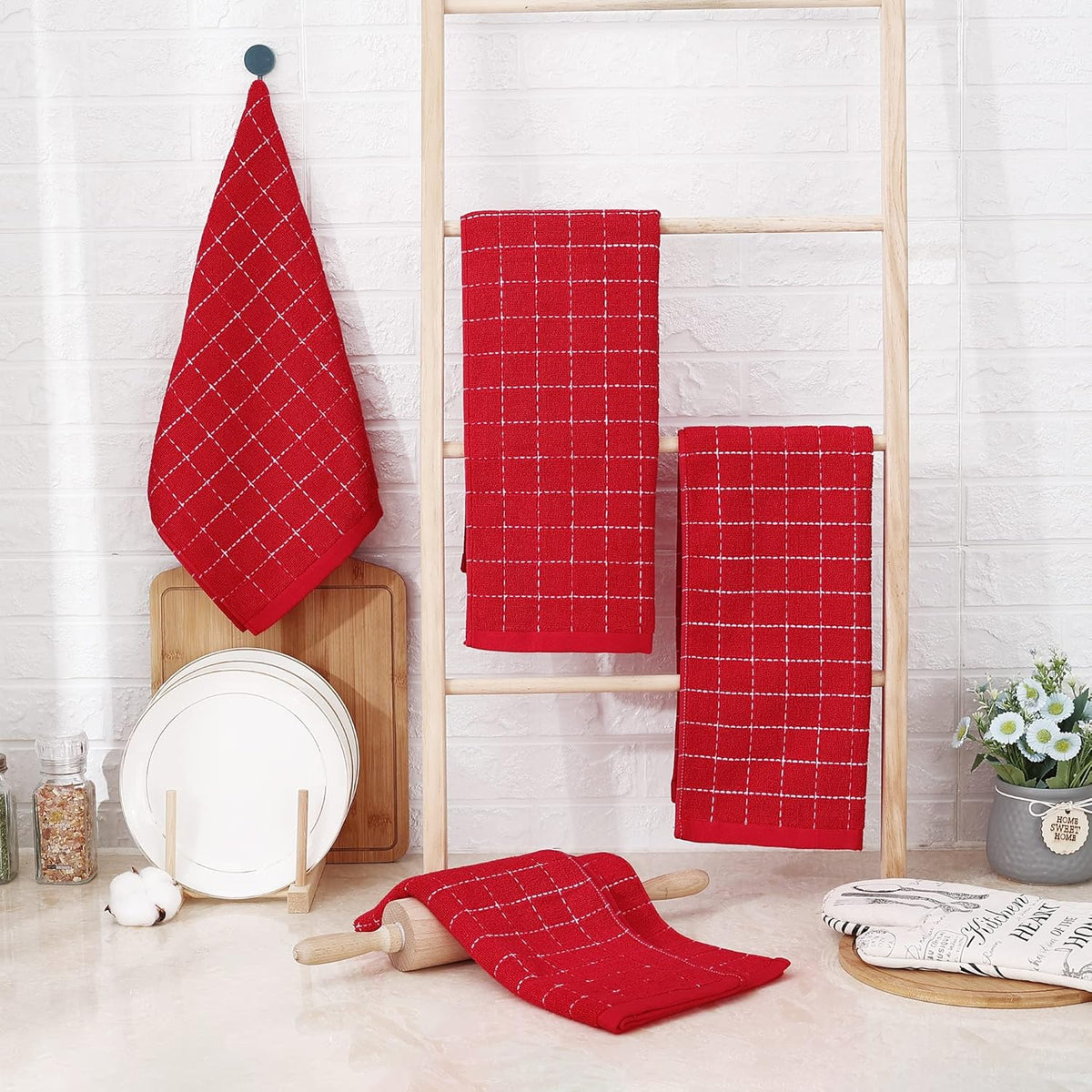 Homaxy 100% Cotton Terry Kitchen Towels(Red, 13 x 28 inches), Checkered Designed, Soft and Super Absorbent Dish Towels, 6 Pack