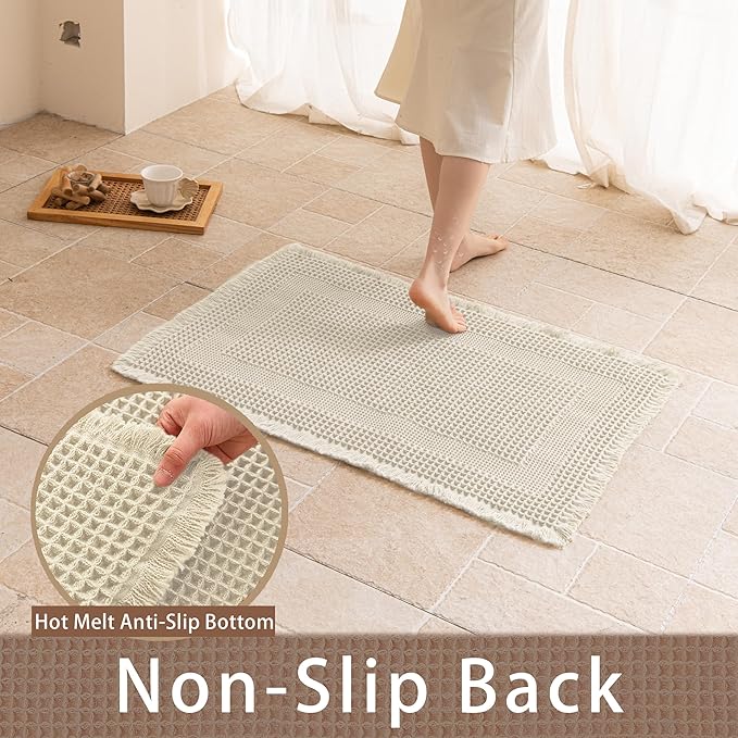 Waffle Bath Mat Non Slip, Boho Bathroom Rug, Super Absorbent Quick Dry Bathroom Mat, Soft Farmhouse Bath Rug with Tassels, Small Washable Shower Mats for Floor 16"x24", Square Cream