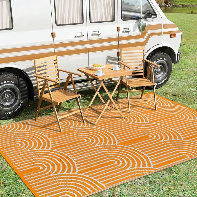 Anidaroel Rainbow Patio Rugs Outdoor 8’X10’ Waterproof, Reversible Camping Rug for Outside RV, Portable Plastic Straw Outdoor Area Rug for Backyard, Garden, Pool Deck (Orange, 8‘X10')