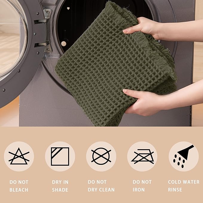 Waffle Bath Mat Non Slip, Boho Runner Rug, Super Absorbent Quick Dry Long Bath Runner Bathroom, Soft Farmhouse Bath Rug with Tassels, Washable Shower Mats for Floor 24"x48", Olive Green